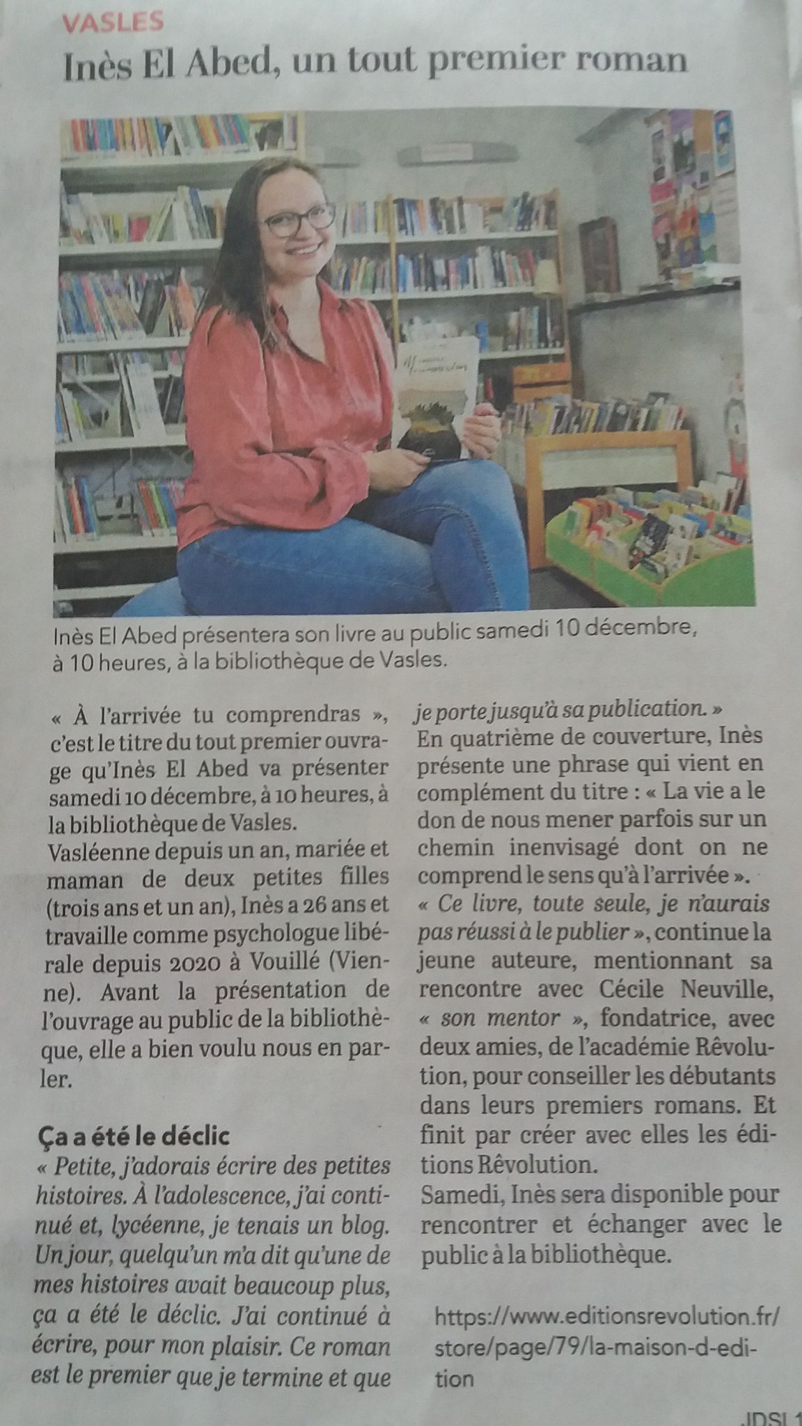 Journal Le Courrier de l'Ouest - Inès El Abed, un tout premier roman